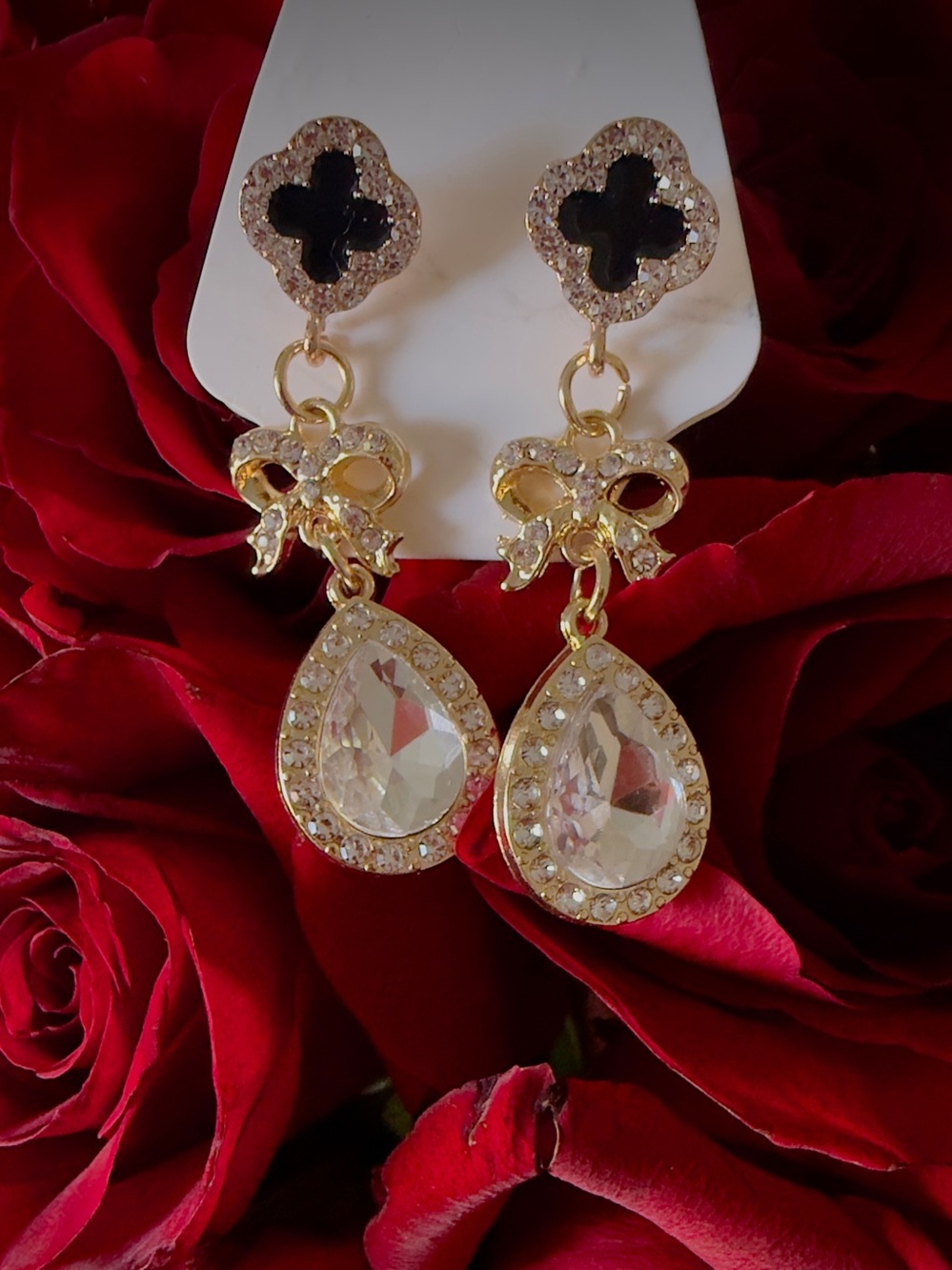 Gold-Tone Crystal Drop Earrings with Black Accent